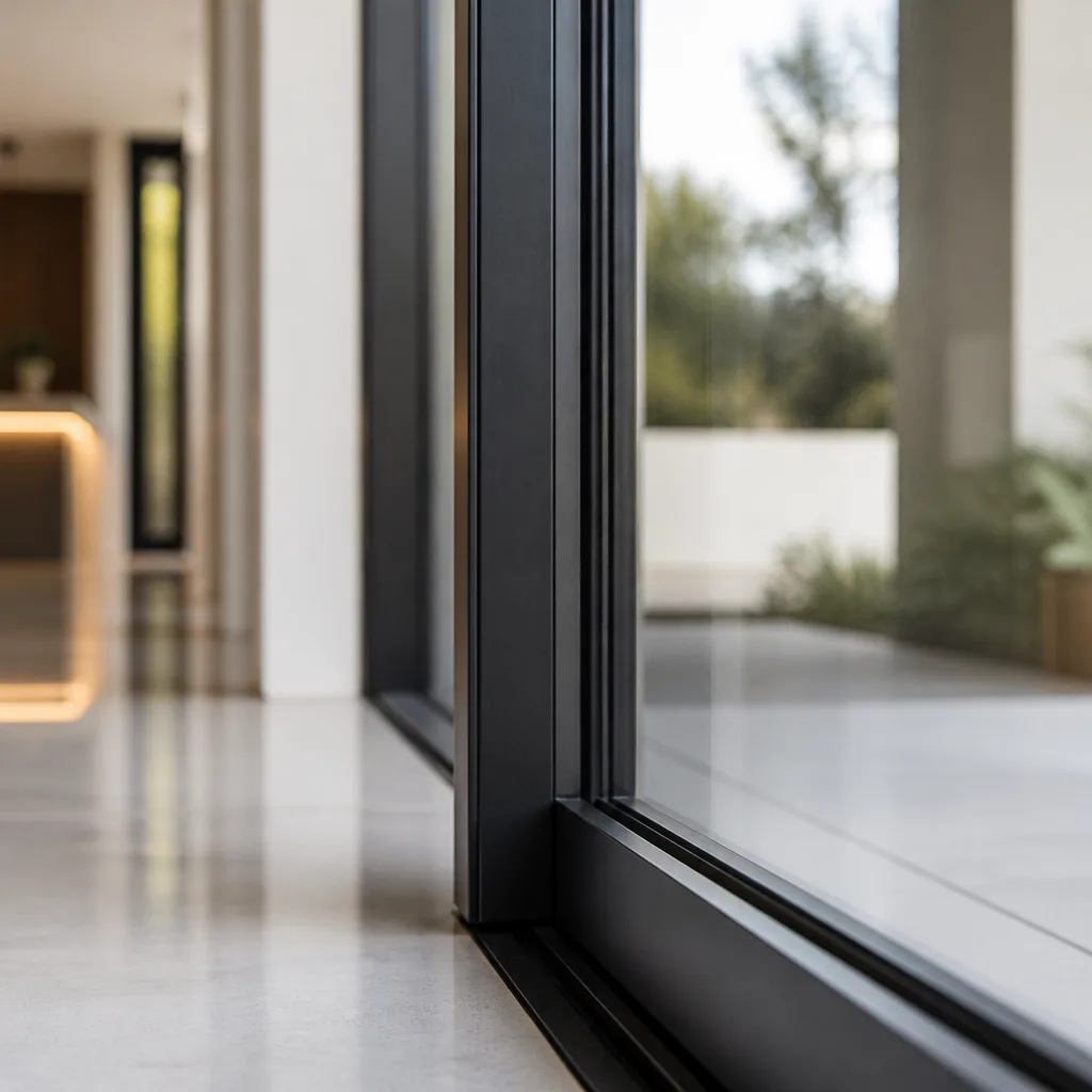 Modern black framed patio door installation in a contemporary home interior