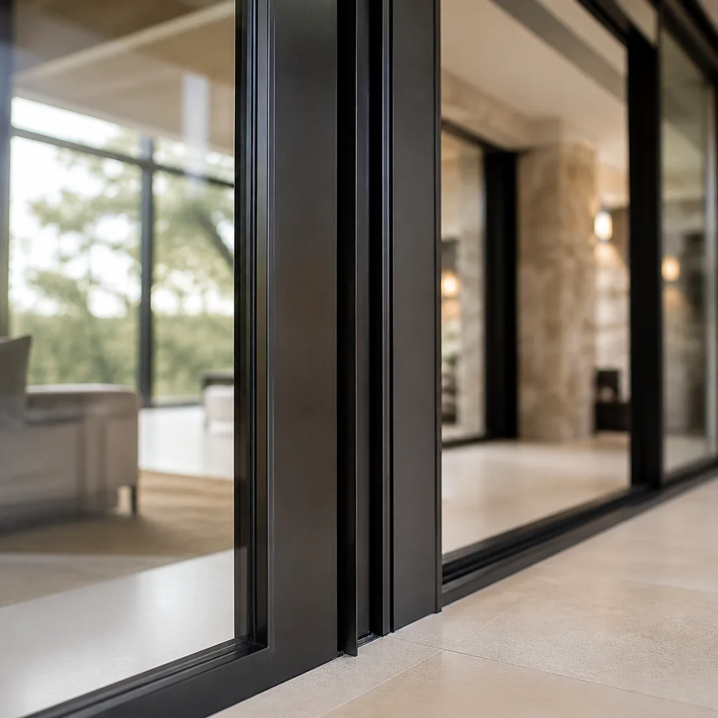 Modern black sliding patio doors installed in luxury home