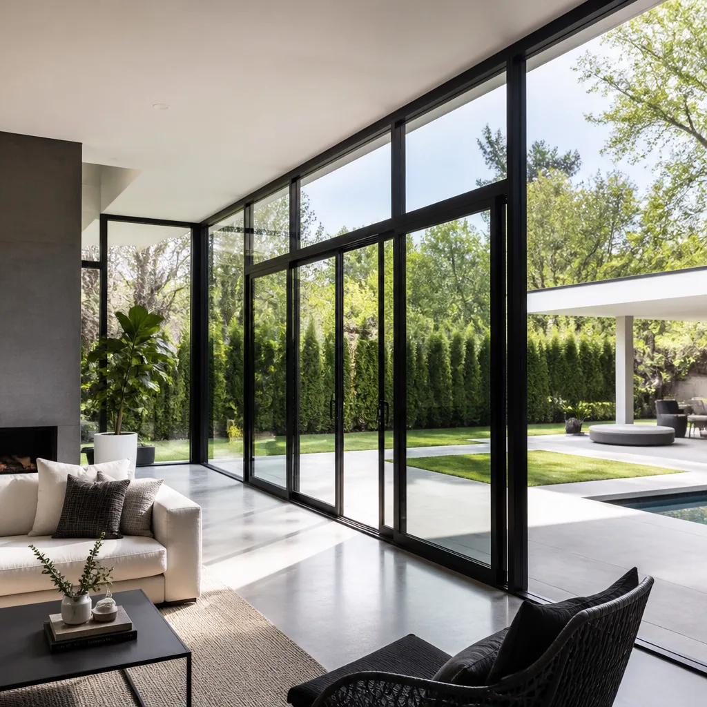 Modern sliding glass patio doors installed in a luxury minimalist living room.