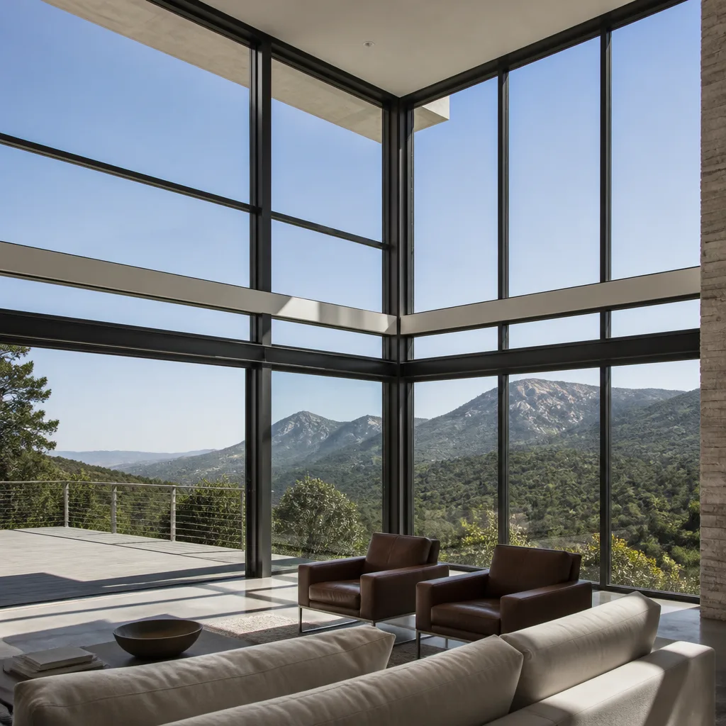 Floor-to-ceiling panoramic window installation in a modern residential living room