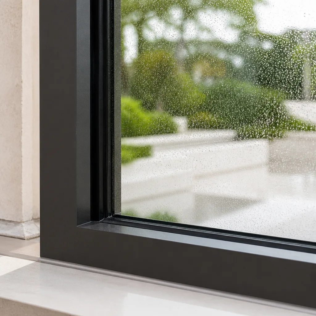 Modern black-framed window installation with rain droplets on the glass
