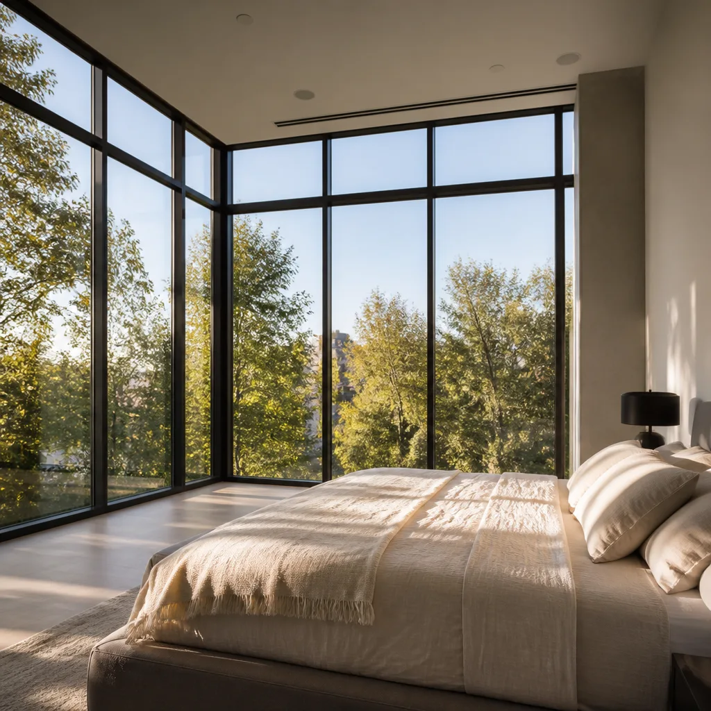 Modern bedroom with large custom floor to ceiling window installations