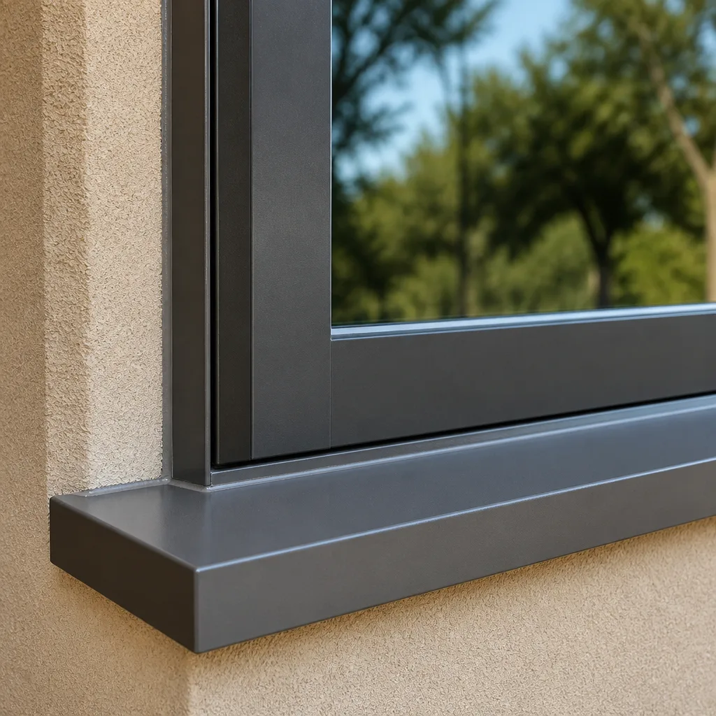 Modern dark grey window frame installation in a textured stucco wall